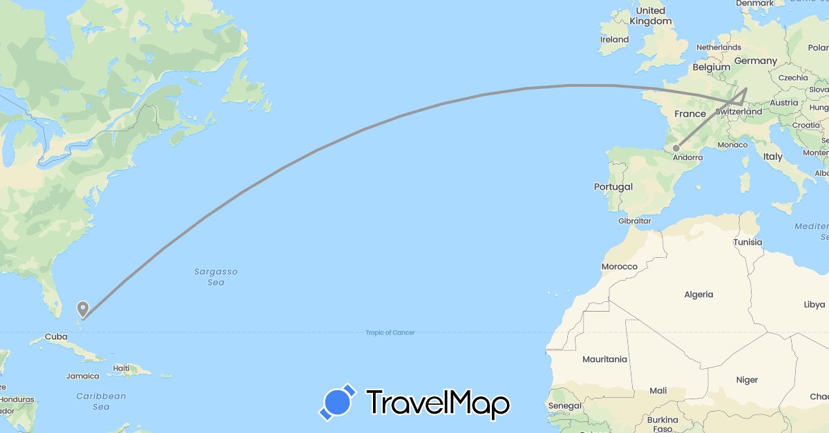 TravelMap itinerary: driving, plane in Bahamas, Switzerland, Germany, France (Europe, North America)